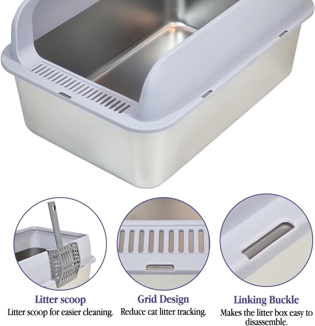 Stainless steel cat litter box with Scoop, Anti-splash design, Grid design, Non-stick, and Odor resistant, Open top kitty toilet for Indoor cats & kittens, Easy to clean