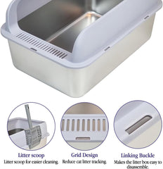 Stainless steel cat litter box with Scoop, Anti-splash design, Grid design, Non-stick, and Odor resistant, Open top kitty toilet for Indoor cats & kittens, Easy to clean