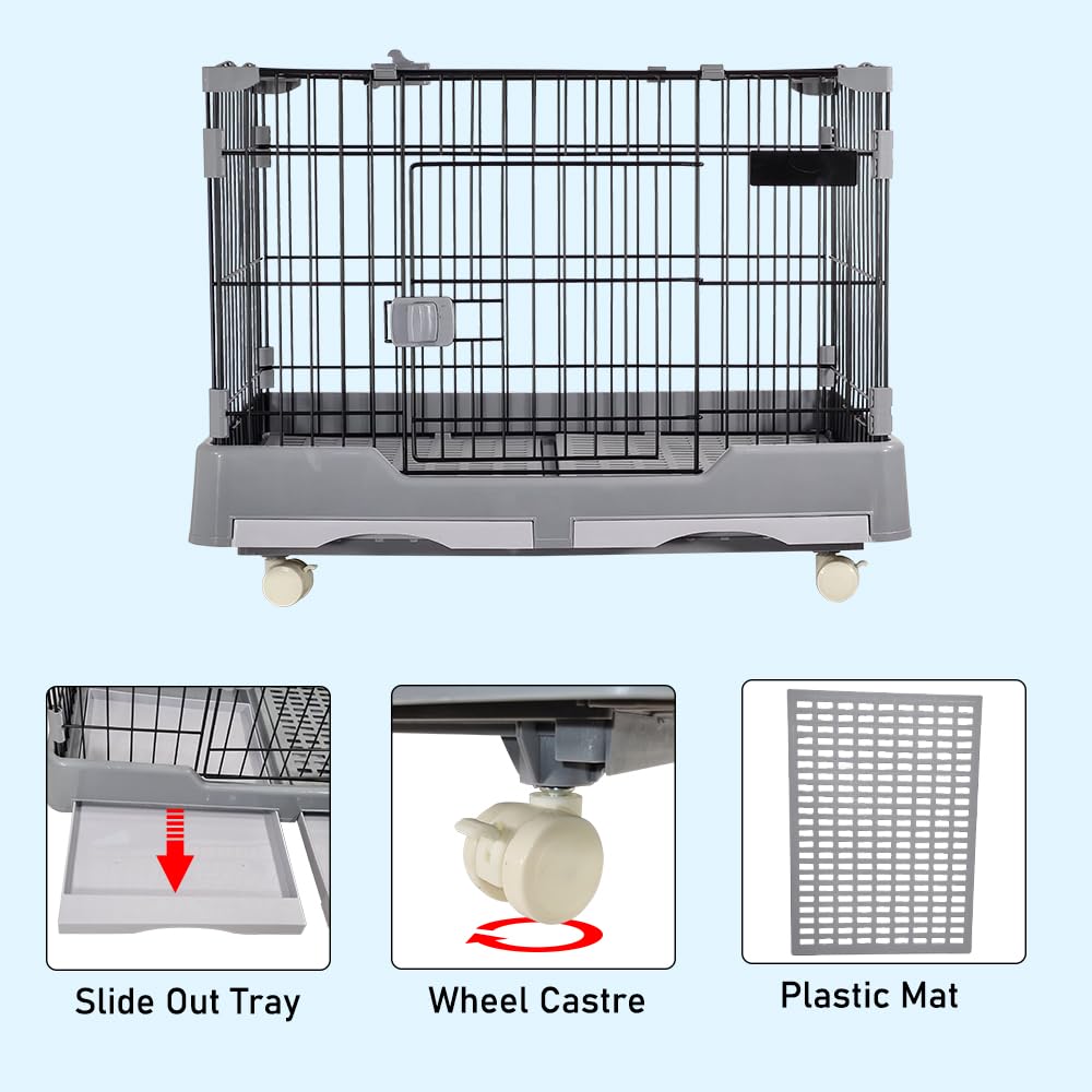 Cat cage playpen for cats & small dogs, Durable meta wire cat cage with Open-top design, Lockable door, Removable tray, and Universal wheels, Ideal for indoor/outdoor, Easy assembly 75 cm (Grey)