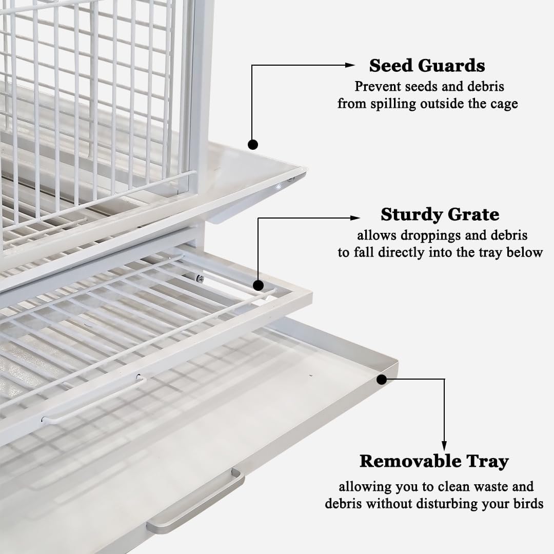 Extra large bird cage for Parrots, Macaws, and Other large birds, Heavy-duty Partition cage with Wooden perches, Feeding cups, Lockable door, Removable tray, and Universal wheels 180 cm (White)