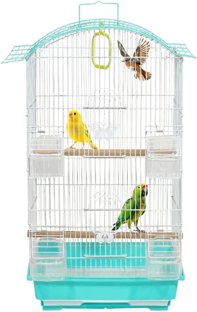 Small Bird Cage with Perches, Feeders and Swing, Ideal for Parakeets, Lovebirds, and Small Parrots, 62 cm Metal Cage with Hanging, Pull-out Tray, Portable, Durable and Top-Roof Design (Cyan)