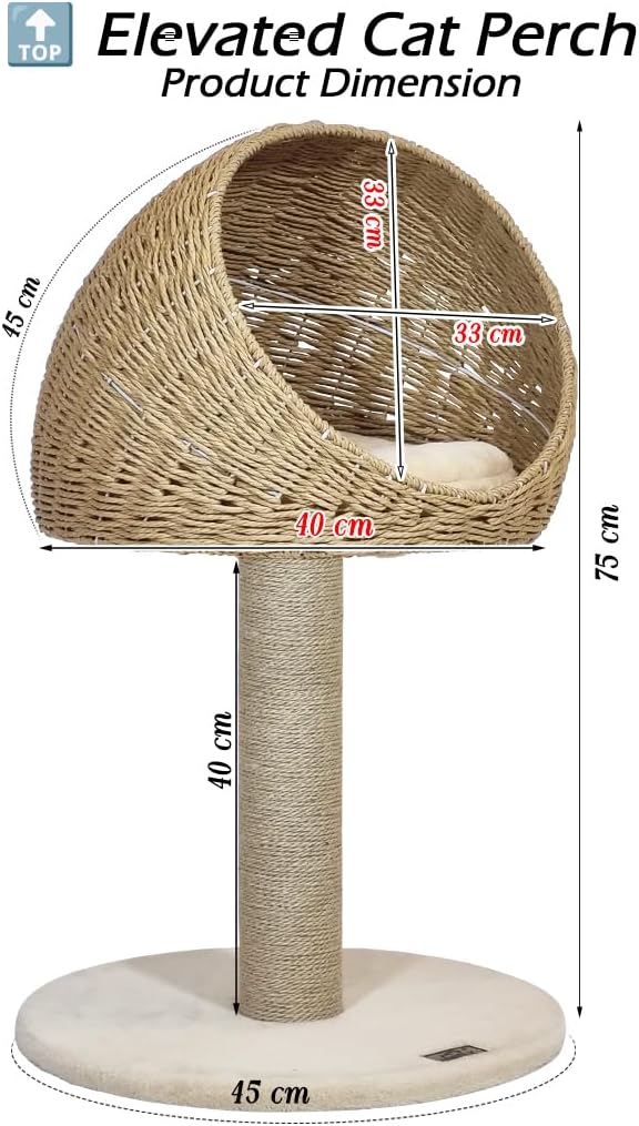 Cat tree small with Wicker basket, natural tower, Scratching post, and Easy to assemble, 75cm Indoor cat furniture for kittens to Adult cats, Cat play and Rest tower, Soft Cushion (Beige)