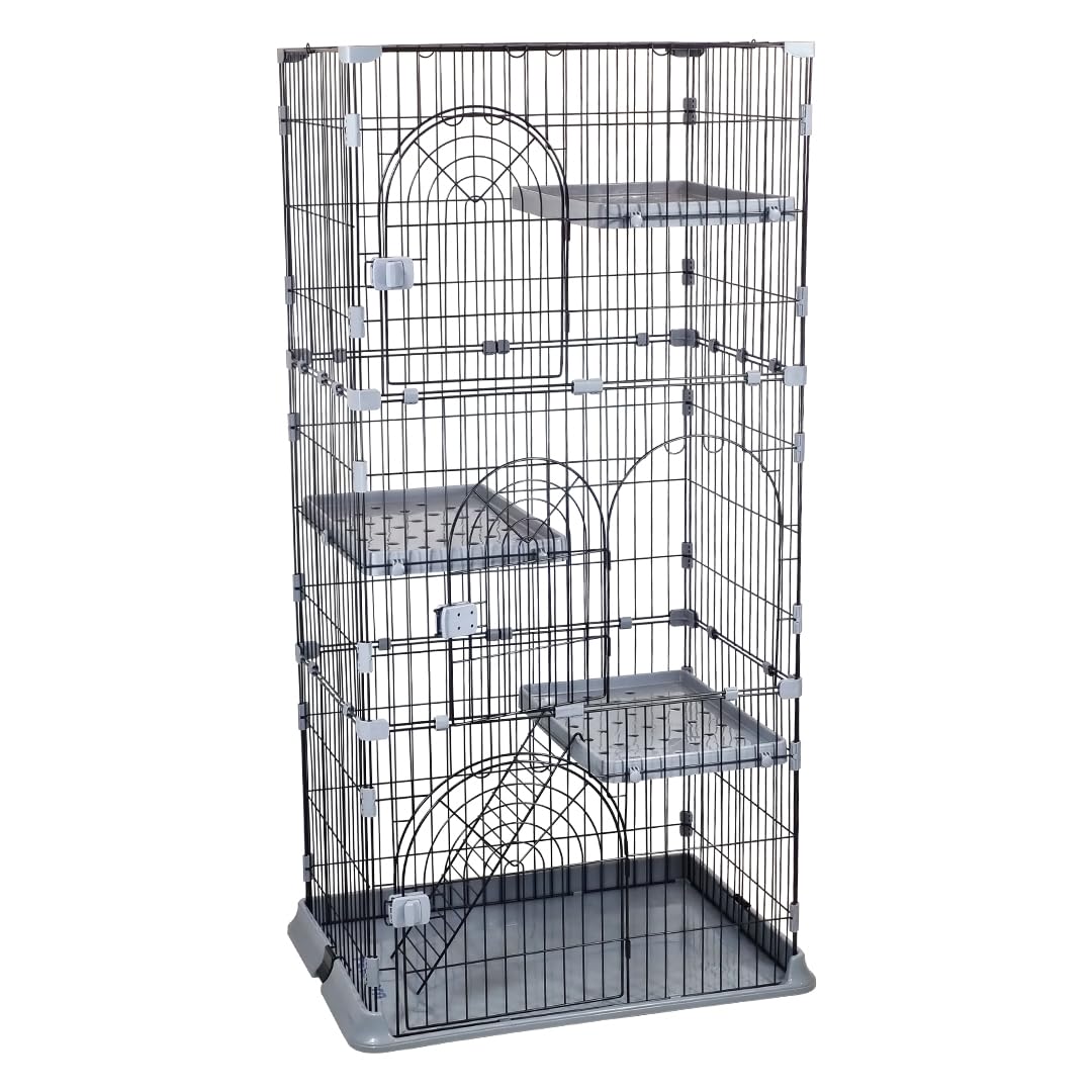 NNC PETS 3-Tier Large Cat Cage Playpen Kennel - 162cm Metal Wire Cat Crate House with 3-lockable Doors, Wide Platforms, Climbing Ladder & Leak-Proof Base - Easy to Assemble (Dark Grey, Large)