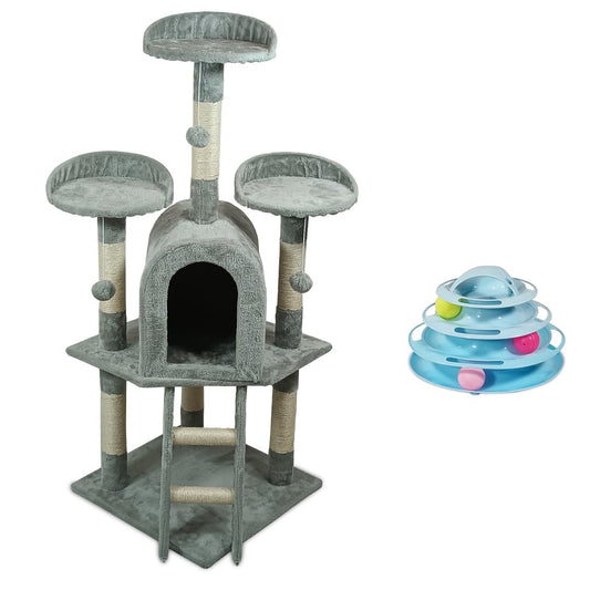Multi-level cat tree tower with Cat turntable toys, Plush perches, Dangling balls, Sisal scratching post, Cozy cat condos, and Climbing ladder, Cat tree activity center for indoor cats 125 cm (Grey)
