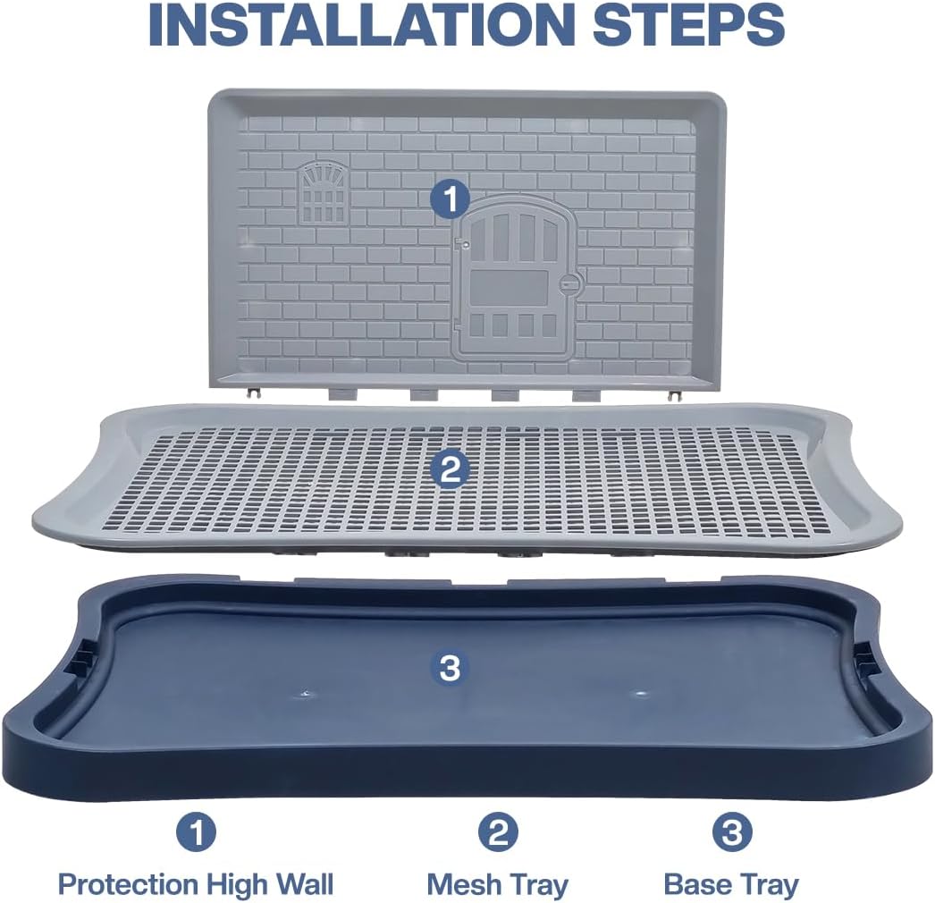 Dog toilet tray for small to medium dogs, Durable plastic dog potty training tray with Pee isolation wall, Grid design, and Portable design, Ideal for Indoor/Outdoor use, 50 cm (Navy-Blue)