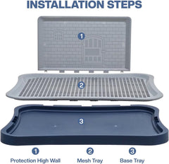 Dog toilet tray for small to medium dogs, Durable plastic dog potty training tray with Pee isolation wall, Grid design, and Portable design, Ideal for Indoor/Outdoor use, 50 cm (Navy-Blue)