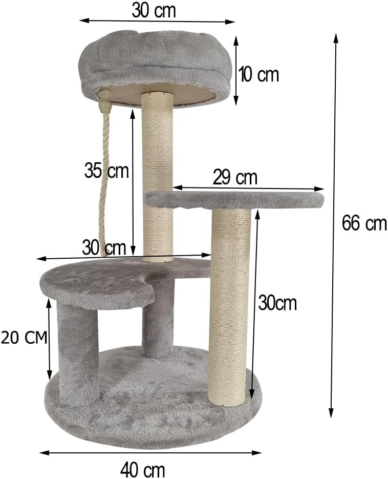 Cat tree with Soft padded perch, Playing rope, and Natural sisal scratching post, Durable cat tree climbing frame for cats & kittens, Suitable for indoor use, Easy to assemble 66 cm (Grey)