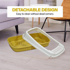 Semi-enclosed Cat litter box for Large-sized cats, Odor control plastic cat toilet with Litter scoop, Grid design, Lightweight, and Raised fence, Detachable for easy cleaning, 59 cm