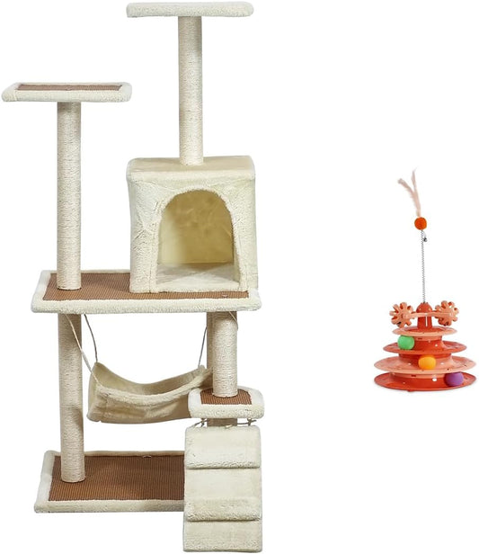 Cat Tree for Large Cats with Toy - Cat House with Padded Perch - Cozy Cat Condos & Scratching Posts - Premium Quality Multi-level Cat Tower for Indoor Cats & Kittens (Khaki, Large)