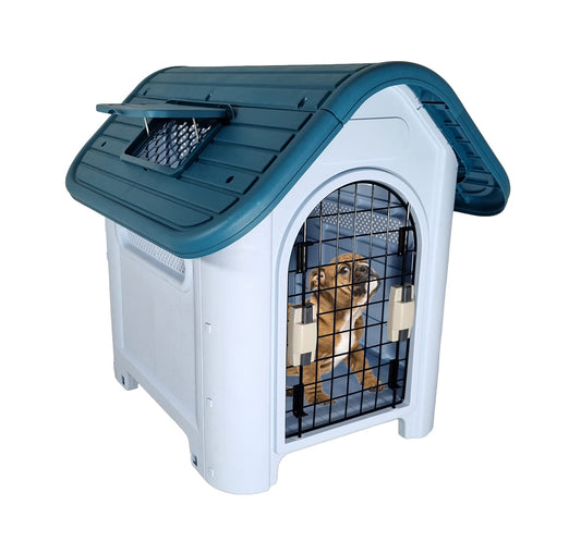 Dog house with Roof design, Ventilation holes, Lockable door, Elevated floor, and Weather-resistant material, Durable plastic pet shelter for small to medium dogs, Easy assembly, 66 cm (Blue)