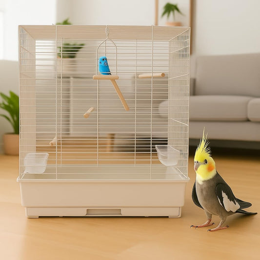 Small Bird Cage for Parakeets, Cockatiels, Lovebird & Parrot Metal Cage with Climbing ladder & Feeding Cups - Removable Tray, Detachable Base & Bottom Shelf (White, Small)