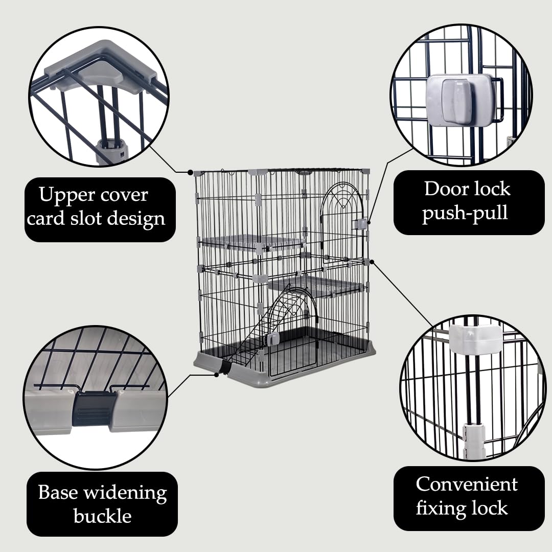 NNC PETS Cat Cage Kennel with 2-lockable Doors - 2-Tiier Metal Wire Pet Cat House Playpen for Indoor Cats - Cozy Hammock, Climbing Ladder, Drawer Tray & Universal Wheels, Easy Assembly (Grey, 88 cm)