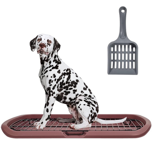 Dog toilet training with Barrier grid, Splash-proof design, Carrying handle, and Litter scoop, Large stainless steel dog toilet for All-sized breeds, Ideal for indoor/outdoor use, 65 cm (Chocolate)