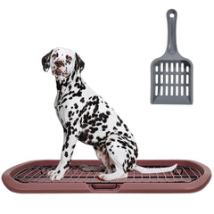Dog toilet training with Barrier grid, Splash-proof design, Carrying handle, and Litter scoop, Large stainless steel dog toilet for All-sized breeds, Ideal for indoor/outdoor use, 65 cm (Chocolate)