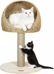 Cat tree small with Wicker basket, natural tower, Scratching post, and Easy to assemble, 75cm Indoor cat furniture for kittens to Adult cats, Cat play and Rest tower, Soft Cushion (Beige)