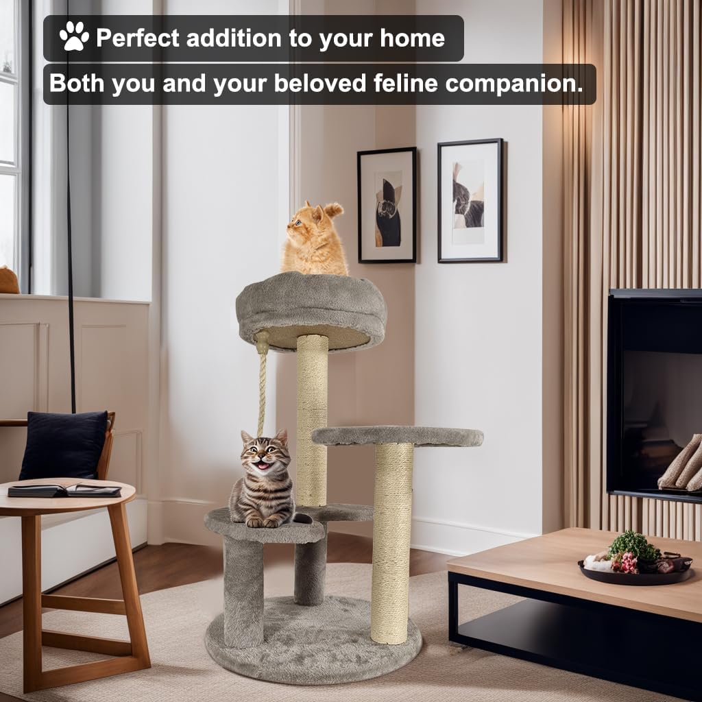 Cat tree with Soft padded perch, Playing rope, and Natural sisal scratching post, Durable cat tree climbing frame for cats & kittens, Suitable for indoor use, Easy to assemble 66 cm (Grey)