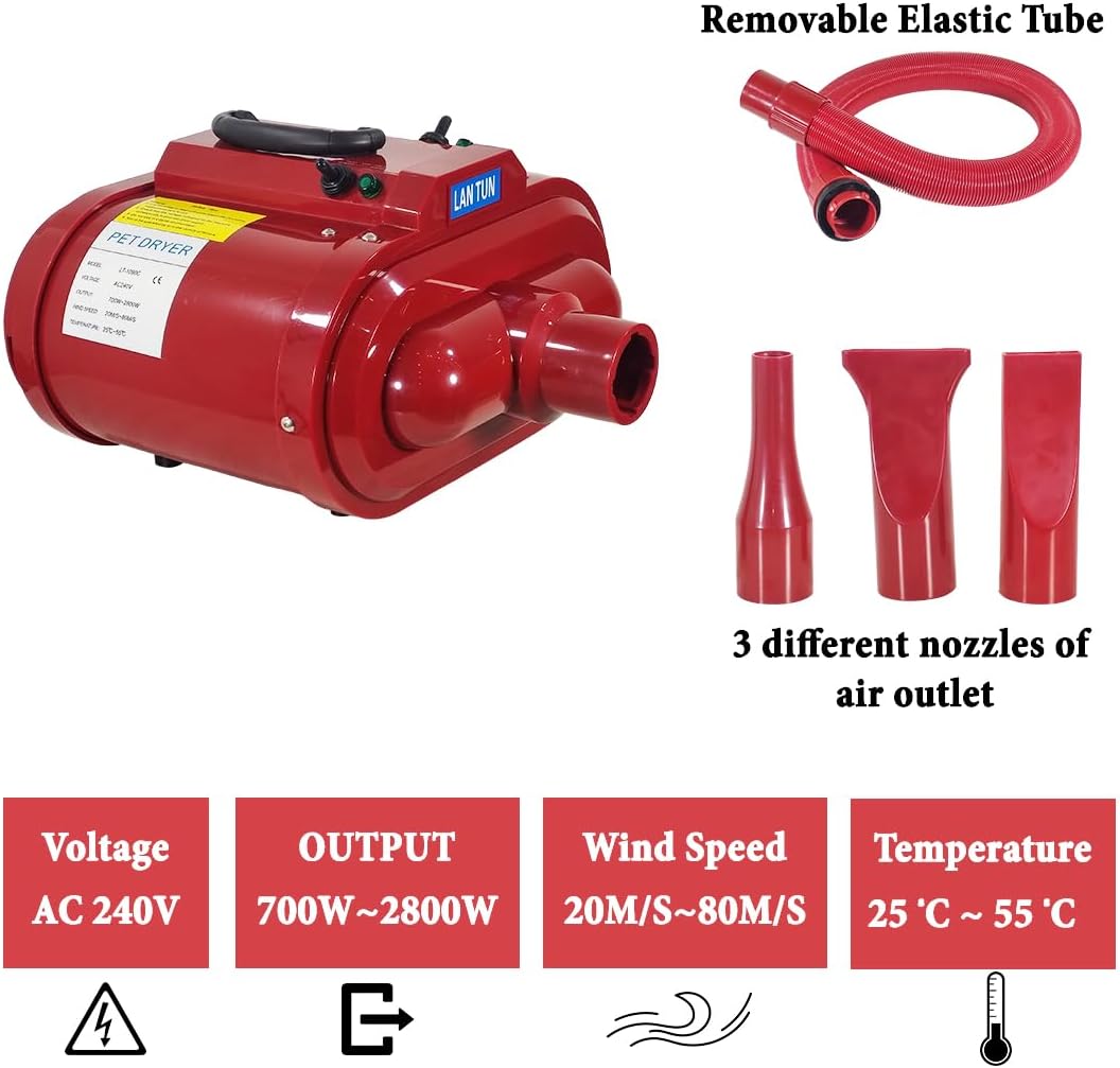 Dog Grooming - Pet Grooming Hair Dryer Vacuum Kit - Dog Hair Dryer, Blower - 240V Powerful with Adjustable Speed & Heat, Low - 3 Nozzles - Portable Handle - ABS Material (Red)