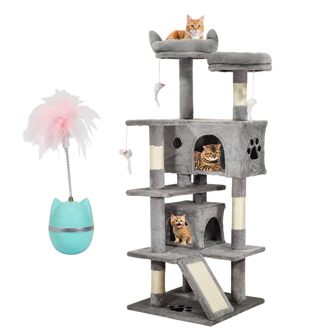 Multi-level cat tree activity center with Cat tumbler toy, Padded perches, Dangling toys, Double cat condos, and Sisal scratching board, Modern cat tree tower for indoor cats, 140 cm (Grey)