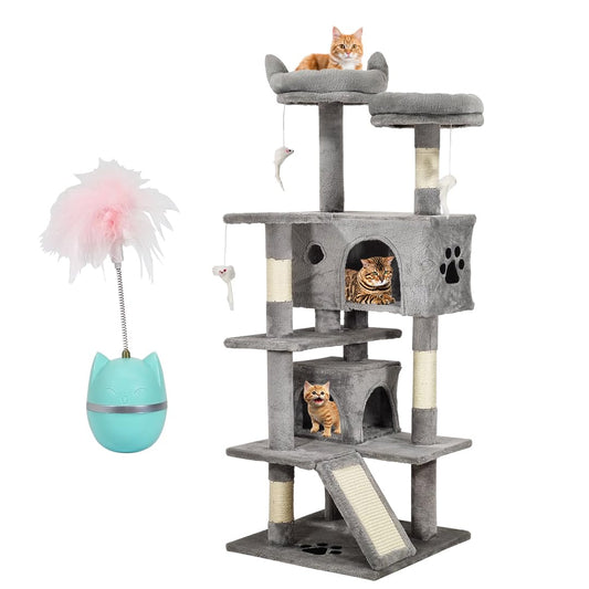 Multi-level cat tree activity center with Cat tumbler toy, Padded perches, Dangling toys, Double cat condos, and Sisal scratching board, Modern cat tree tower for indoor cats, 140 cm (Grey)