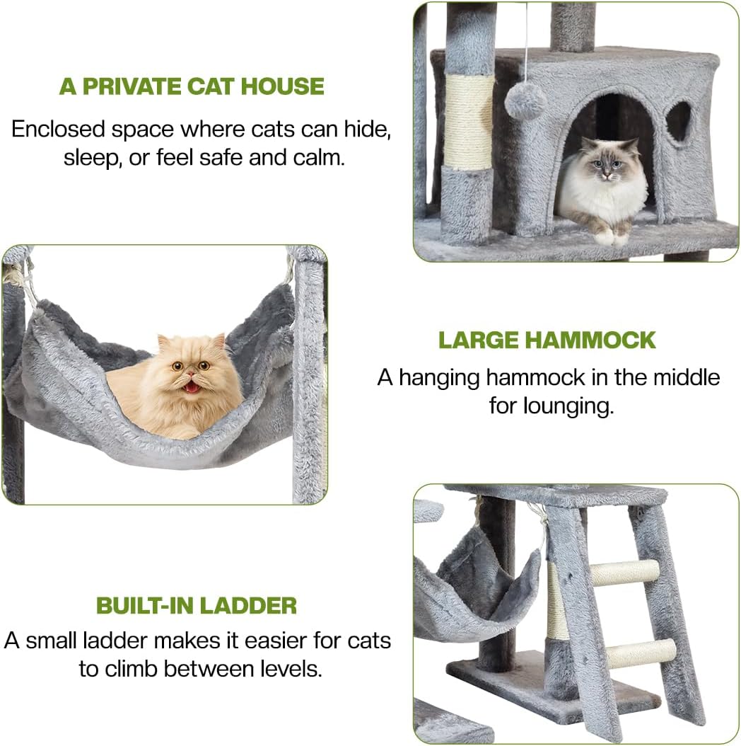 Cat tree with Padded perch, Sisal scratching post, Cozy hammock, Cat condo, and climbing ladder, Modern cat climbing tower for Indoor cats & Kittens, Easy assembly, 143 cm (Grey)