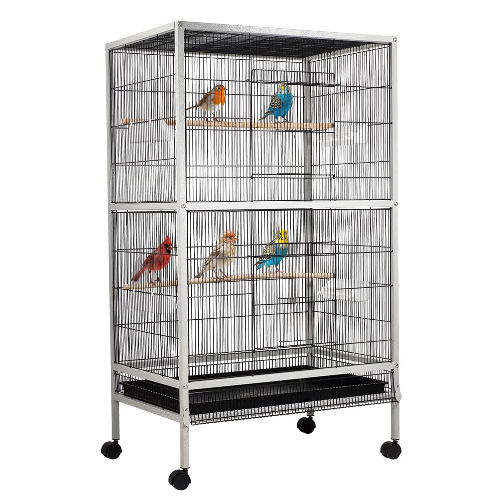 Large bird cage for Cockatiels, Lovebirds, and Budgies, Heavy-duty metal bird cage with Wooden perches, Feeding cups, Removable tray, and Universal wheels, Easy to assemble, 136 cm (Grey)