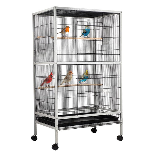 Large bird cage for Cockatiels, Lovebirds, and Budgies, Heavy-duty metal bird cage with Wooden perches, Feeding cups, Removable tray, and Universal wheels, Easy to assemble, 136 cm (Grey)
