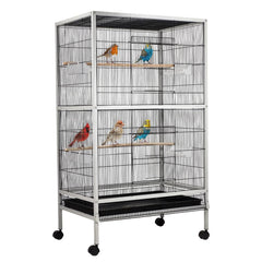 Large bird cage for Cockatiels, Lovebirds, and Budgies, Heavy-duty metal bird cage with Wooden perches, Feeding cups, Removable tray, and Universal wheels, Easy to assemble, 136 cm (Grey)
