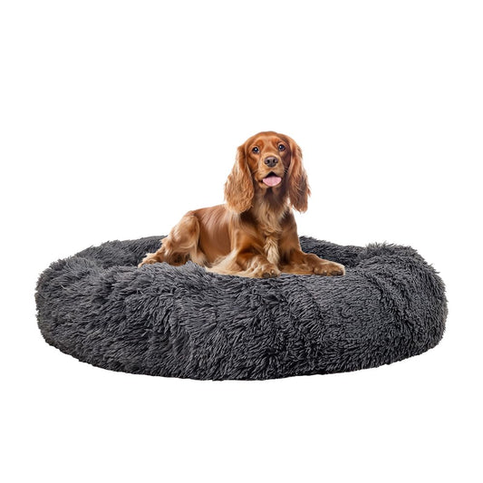 Fluffy faux fur donut dog bed with Plush Artificial long fur, Soft cotton, and Non-skid bottom, Anxiety-resistant donut pet bed for medium to large breeds, Soft pet bedding, 85 cm (Grey)