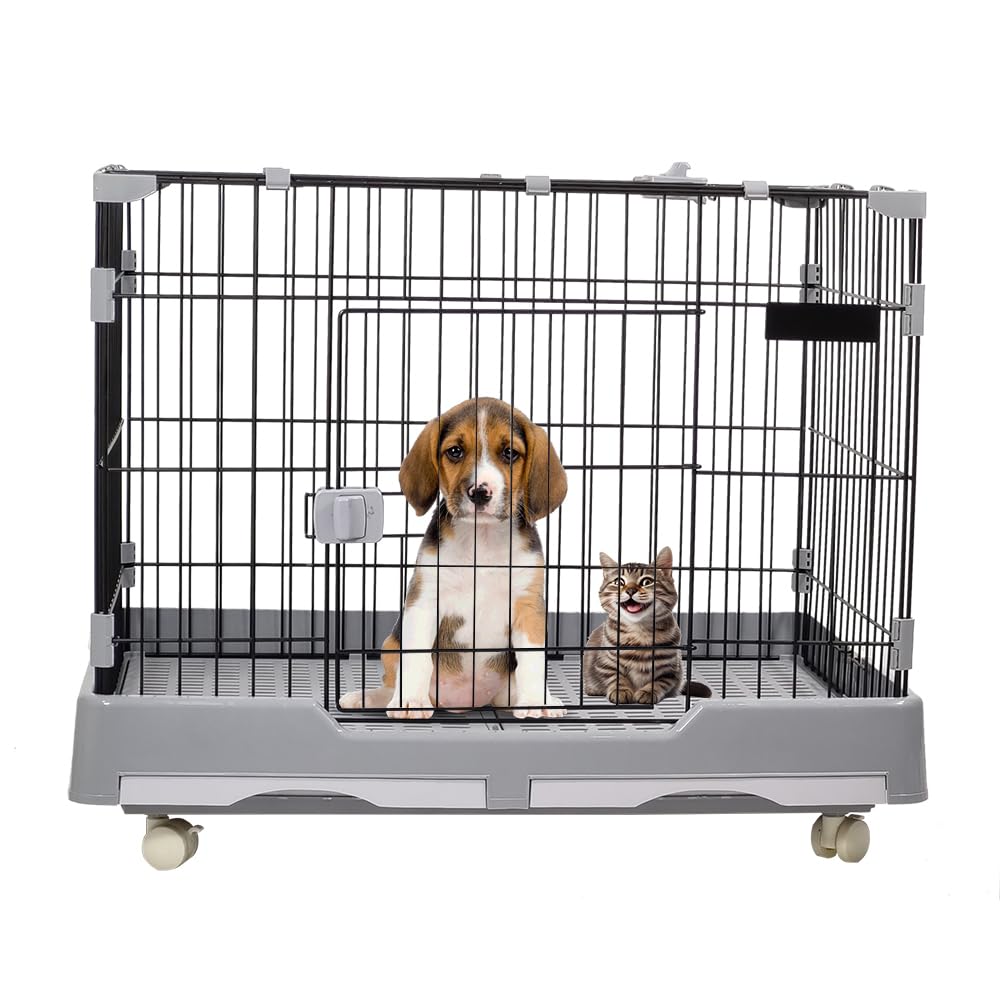 Cat cage with Open-top design, Metal wire, Lockable door, Removable tray, and Universal wheels, Spacious cat cage for Cats and Small dogs, Ideal for Indoor/outdoor use, Easy to assemble 82 cm (Grey)