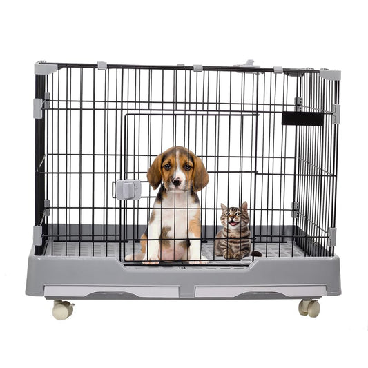Cat cage with Open-top design, Metal wire, Lockable door, Removable tray, and Universal wheels, Spacious cat cage for Cats and Small dogs, Ideal for Indoor/outdoor use, Easy to assemble 82 cm (Grey)