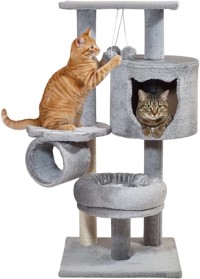Cat tree for Indoor cats & Kittens, Space-saving cat climbing tower with Elevated perch, Hanging toys, Sisal scratching post, Soft plush condo, and Tunnel bed, Easy to assemble, 90 cm (Grey)