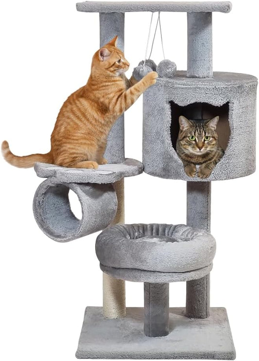 Cat tree for Indoor cats & Kittens, Space-saving cat climbing tower with Elevated perch, Hanging toys, Sisal scratching post, Soft plush condo, and Tunnel bed, Easy to assemble, 90 cm (Grey)