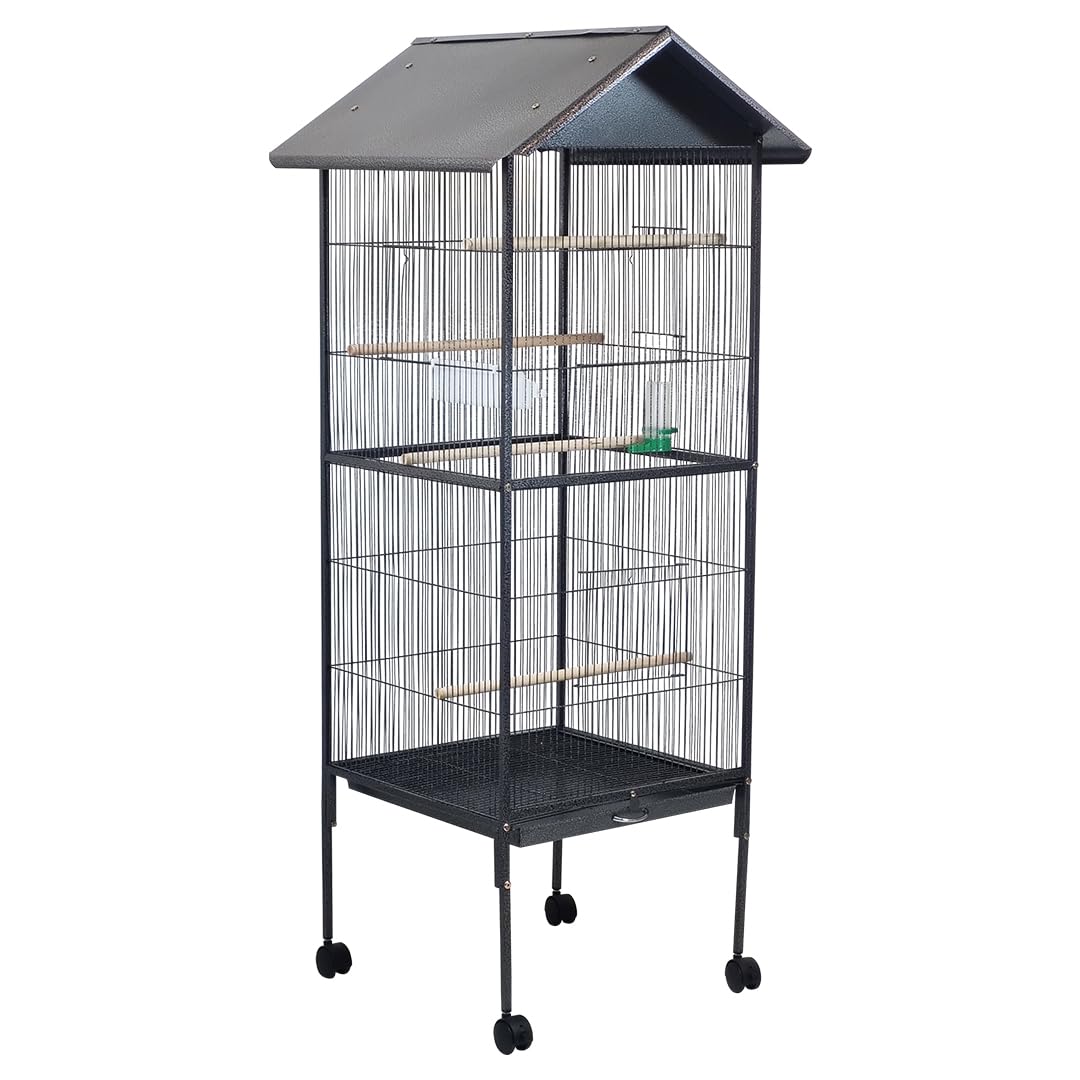 Bird cage with House-roof design, Wooden perches, Feeding Cups, Slide-out tray, and Universal wheels, Durable cat cage for Parrots, Cockatiel, and Budgies, Easy to assemble, 135 cm (Black)