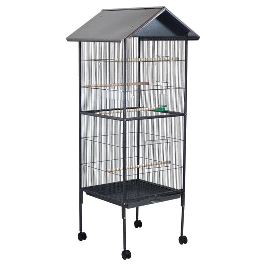 Bird cage with House-roof design, Wooden perches, Feeding Cups, Slide-out tray, and Universal wheels, Durable cat cage for Parrots, Cockatiel, and Budgies, Easy to assemble, 135 cm (Black)