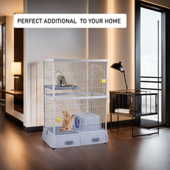 Cat cage enclosure with 2 Lockable doors, Wide platform, Climbing ladder, Litterbox area, and Universal wheels, Durable metal wire cat cage for indoor/outdoor use, Easy to assemble 130 cm (Blue)