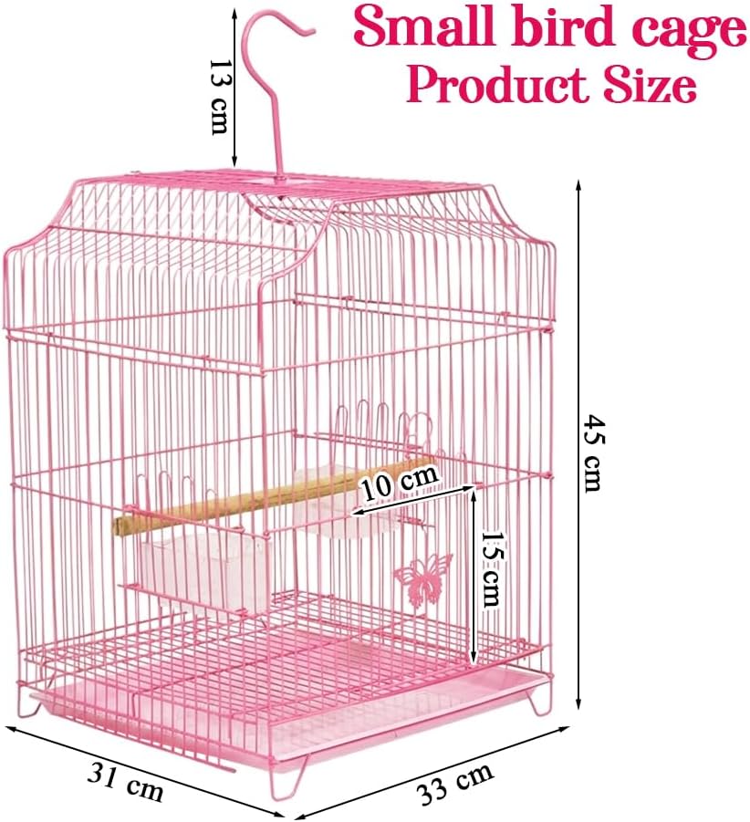 Small Bird Cage with Metal Wire, Ideal for Budgies, Small Parrots, and Parakeets, 45 cm Portable Cage for Indoor-Outdoor, Metal Bird Cage with Hanging, Bottom Tray, Perches, and Feeding Bowls, Pink