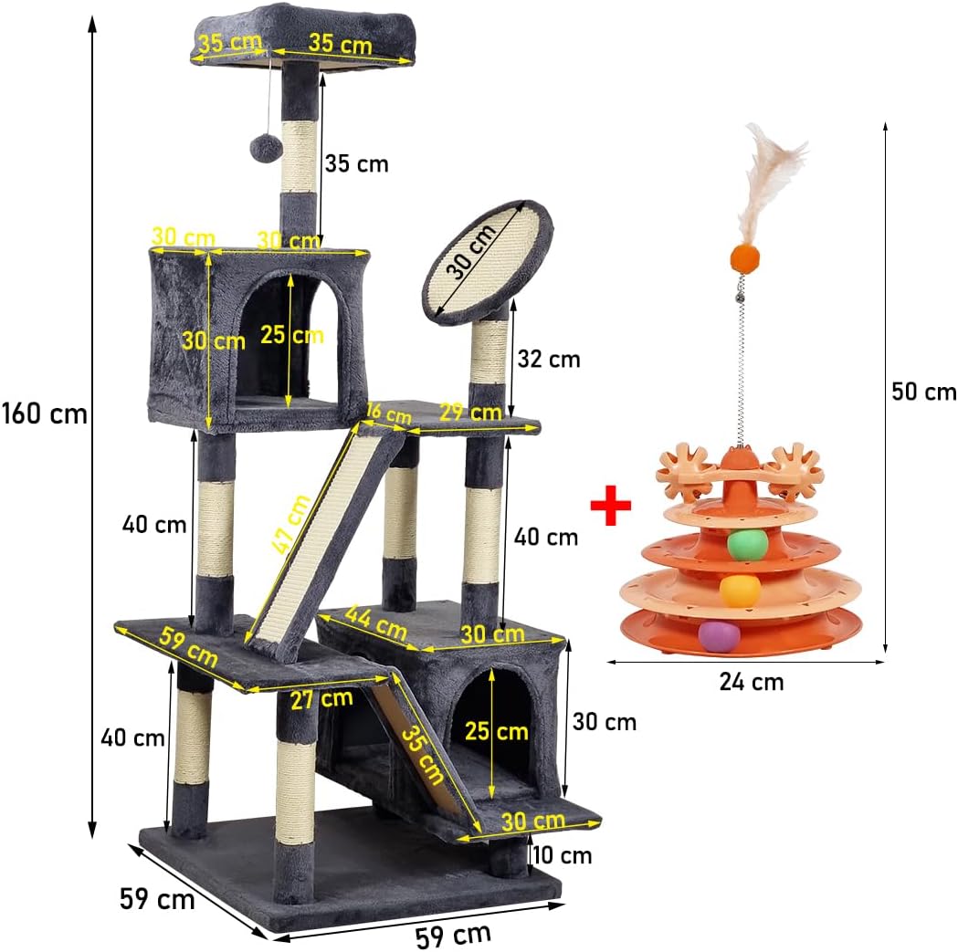 Cat Tree for Big Cats - 160 cm Multi-level Cat Tower with Spacious Resting Area, Cat Turntable Toy, Dangling Ball & Sisal Scratching Post, Easy to Assemble (Ash Grey, Large)
