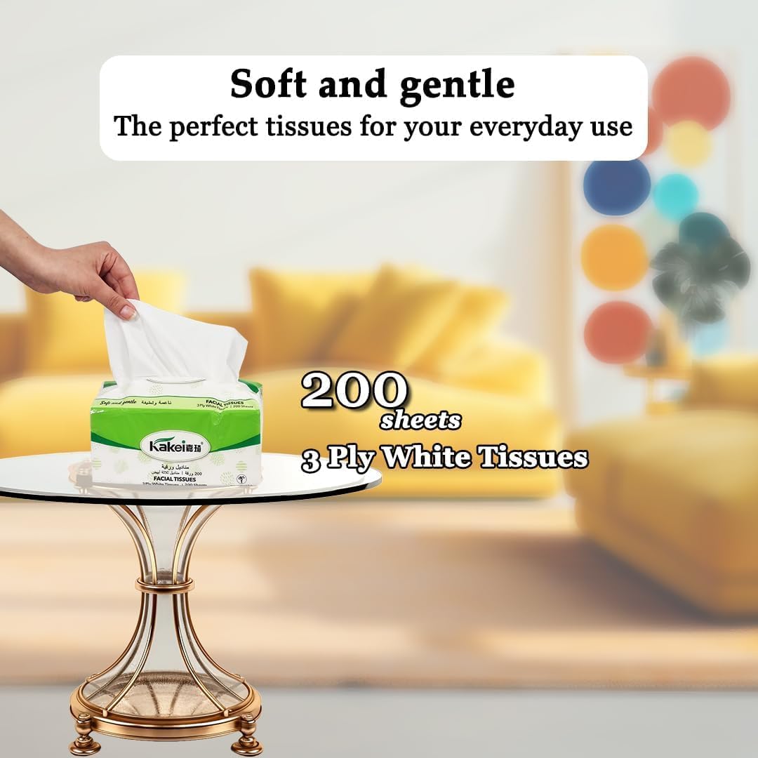 KAKEI 40Pcs Tissue Paper with 3ply - Natural Wood Pulp & Eco-Friendly Material - Durable Absorbent Facial Tissue Boxes for Home, Travel & Office - Soft & Strong for Wet/Dry Use, White (Pack of 8)