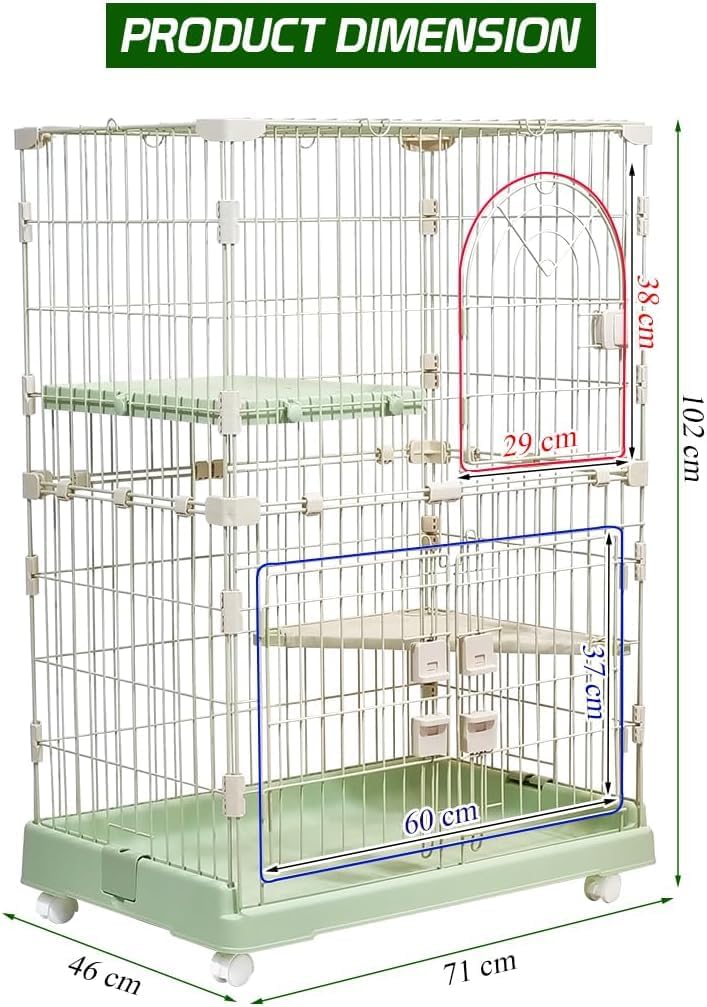 Cat Cage with Rolling Casters, Elevated Lounging Platforms, Secure Locking Doors, and Leak-Proof Base, Heavy-Duty Metal Cat Enclosure for Indoor Cats & Kittens, Easy to Assemble, 101 cm