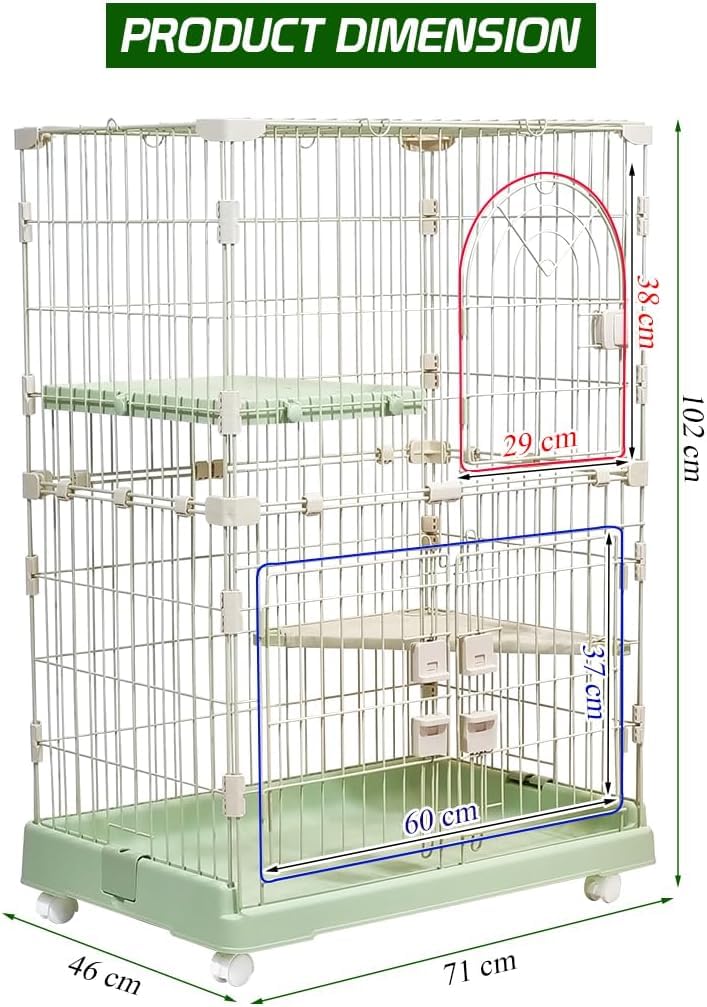 Cat Cage with Rolling Casters, Elevated Lounging Platforms, Secure Locking Doors, and Leak-Proof Base, Heavy-Duty Metal Cat Enclosure for Indoor Cats & Kittens, Easy to Assemble, 101 cm, Green