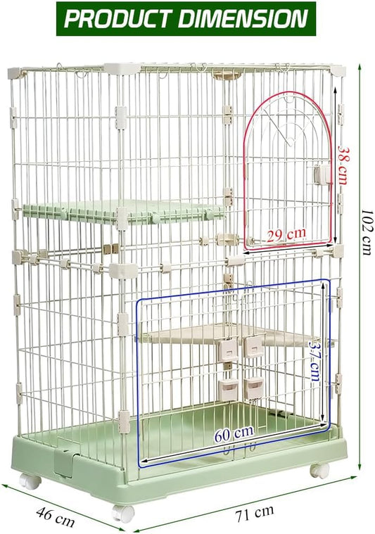 Cat Cage with Rolling Casters, Elevated Lounging Platforms, Secure Locking Doors, and Leak-Proof Base, Heavy-Duty Metal Cat Enclosure for Indoor Cats & Kittens, Easy to Assemble, 101 cm, Green