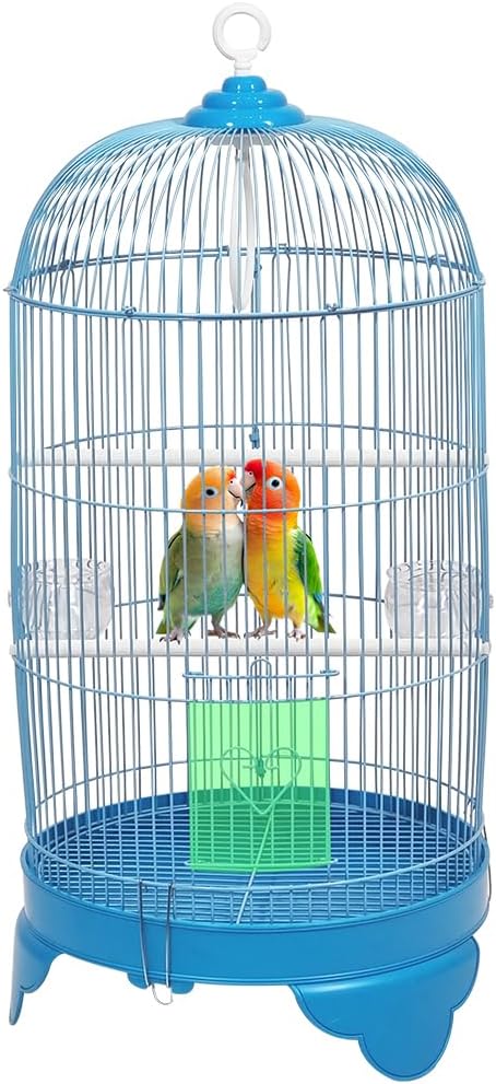 Round Bird Cage with Plastic Base, Metal Wire, Feeding Bowls, Swing, and Perches, 73 cm Travel Portable Cage for Parakeets, Canaries, and Small Birds, Indoor Outdoor Use, Convenient hook (BLUE)