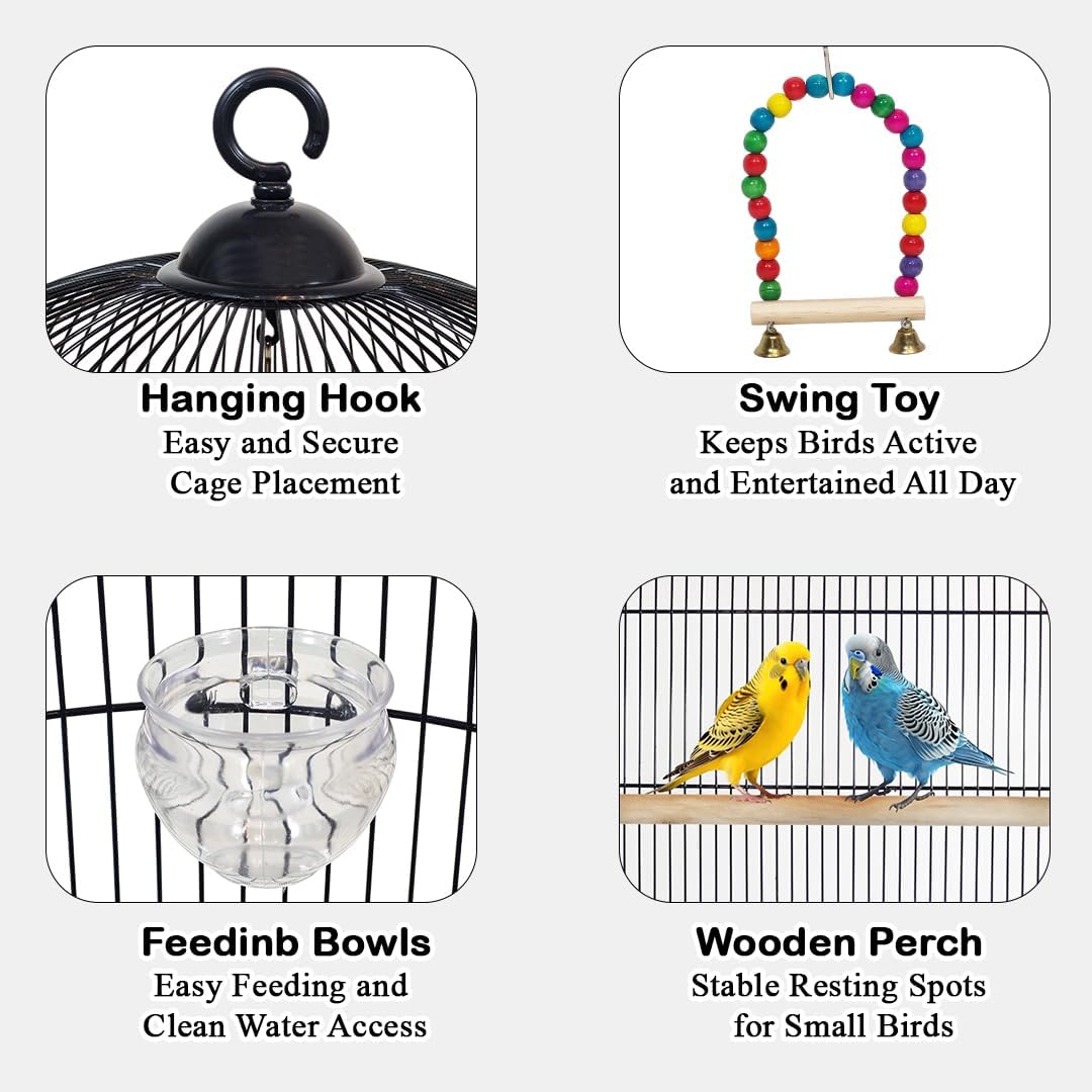 Metal Bird Cage with Durable, Hanging Hook, Feeders and Play Toy, 70 cm Spacious Indoor Bird House For Parrots, Budgies and Small Birds, Portable and Easy to Carry for Outdoor Activity (Black)