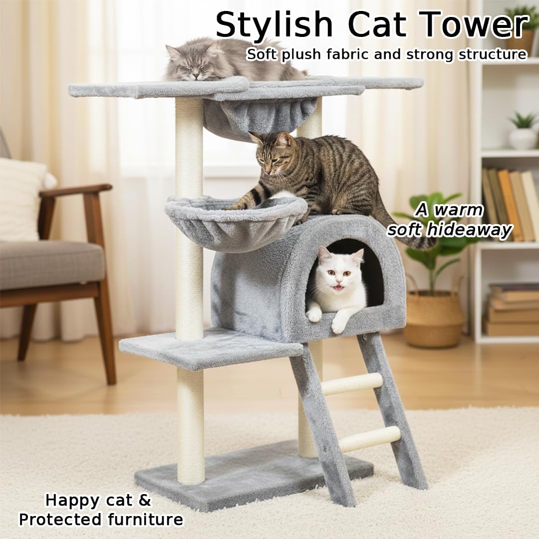 Cat tree with Wide top platform, Hammock, and Natural sisal scratching posts, Cat tower with Multilevel, Cozy Condo, and Climbing ladder, Soft plush material and 100 cm Protect furniture