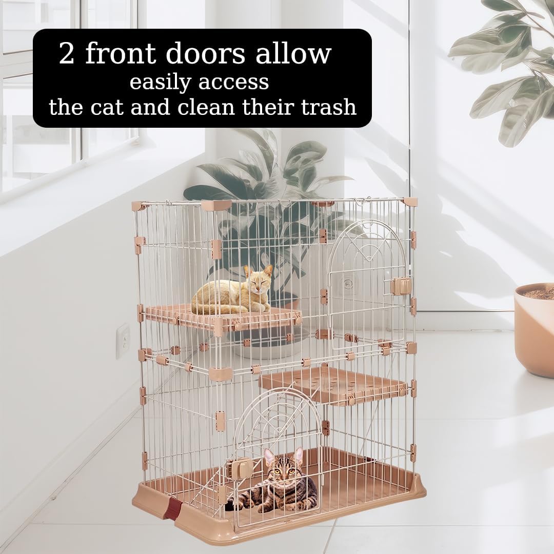 Cat cage with 2-Tier design, Wide platforms, 2 Lockable doors, and Climbing ladder, Durable metal wire pet cage for Indoor cats & kittens, Ideal for indoor/outdoor use, Easy to assemble 88 cm (Pink)