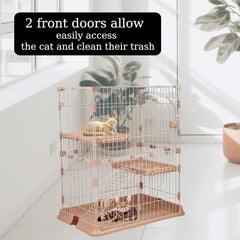 Cat cage with 2-Tier design, Wide platforms, 2 Lockable doors, and Climbing ladder, Durable metal wire pet cage for Indoor cats & kittens, Ideal for indoor/outdoor use, Easy to assemble 88 cm (Pink)