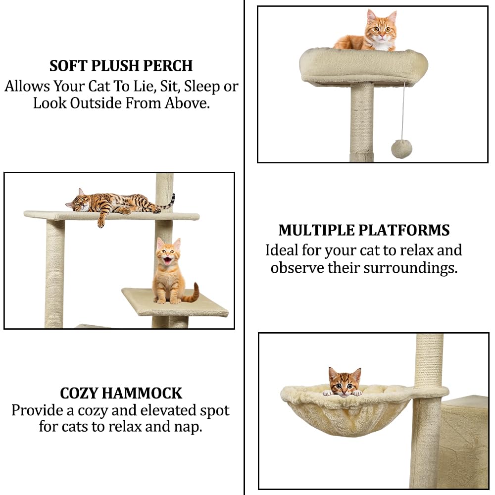 Cat Tree Indoor - 190cm Cat Tower House with Padded Perch - Cat Scratching Post with Double Perches -  Cozy Cat Condos & Dangling ball - Ideal for Indoor Cats and Kittens (Beige)