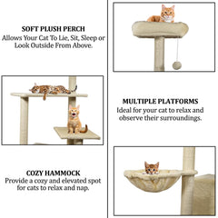 Cat Tree Indoor - 190cm Cat Tower House with Padded Perch - Cat Scratching Post with Double Perches -  Cozy Cat Condos & Dangling ball - Ideal for Indoor Cats and Kittens (Beige)