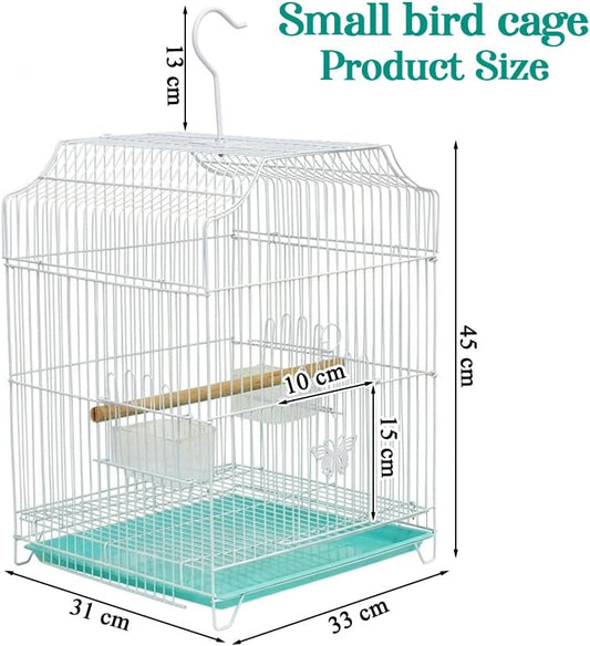Small Bird Cage with Metal Wire, Ideal for Budgies, Small Parrots, and Parakeets, 45 cm Portable Cage for Indoor-Outdoor, Metal Bird Cage with Hanging, Bottom Tray, Perches, and Feeding Bowls, White