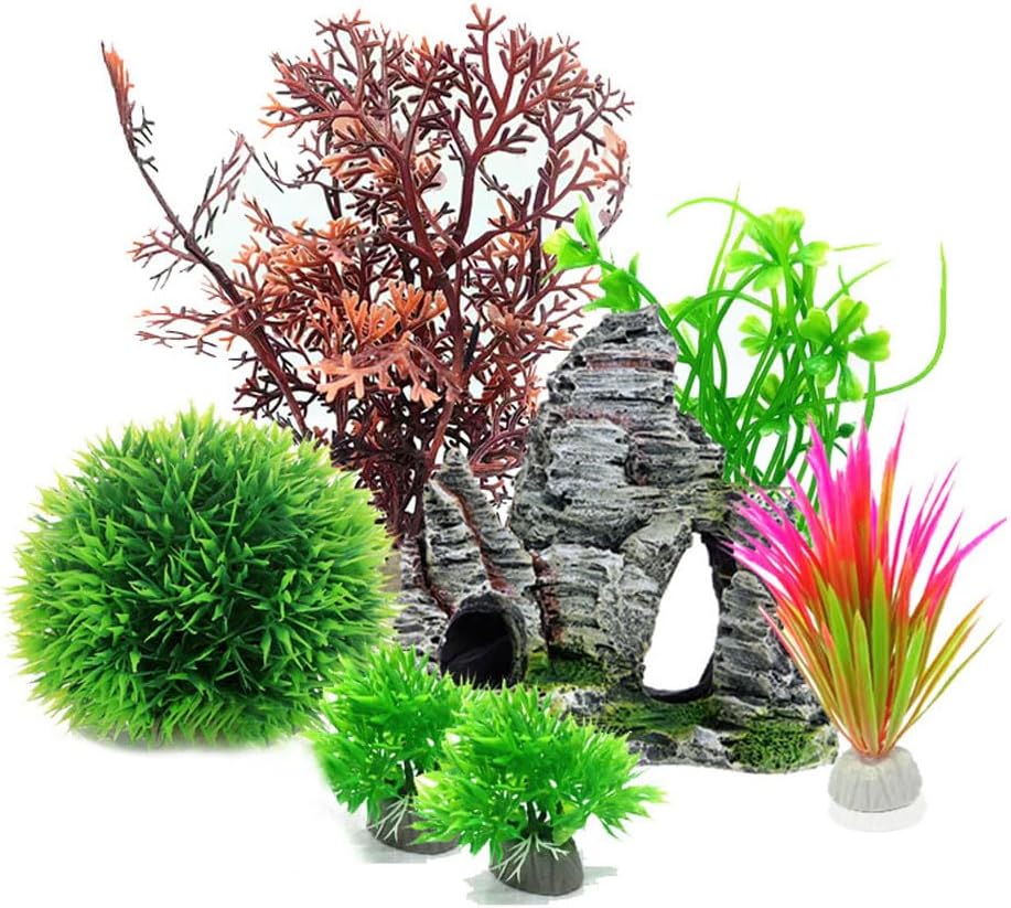 Aquarium Fish Tank Plastic Plants and Cave Rock Decorations Set 7 PCS, Small and Large Artificial Fish Tank Plants with Cave Rock Fish Tank Accessories Style B